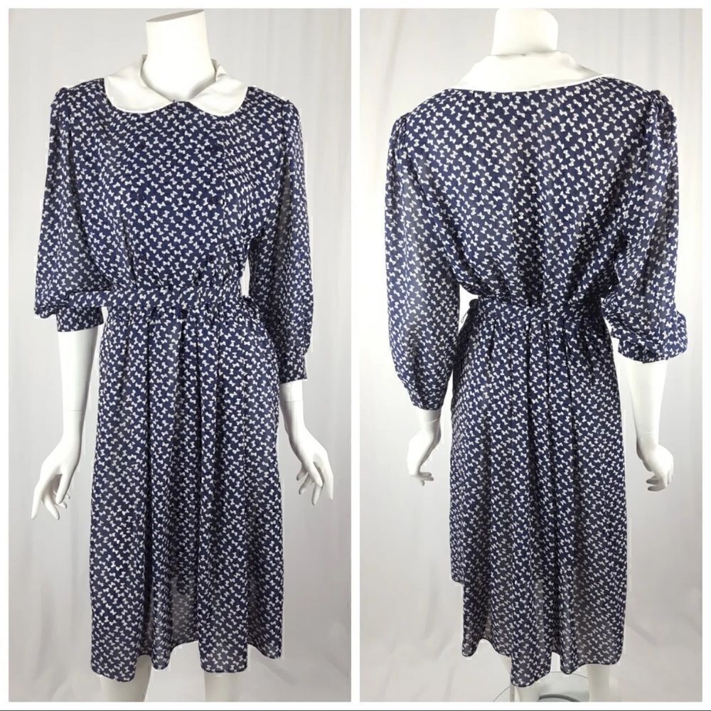 Vintage VLP Petites Womens Size 10 Navy Blue Bow Print Belted Collar Midi Dress